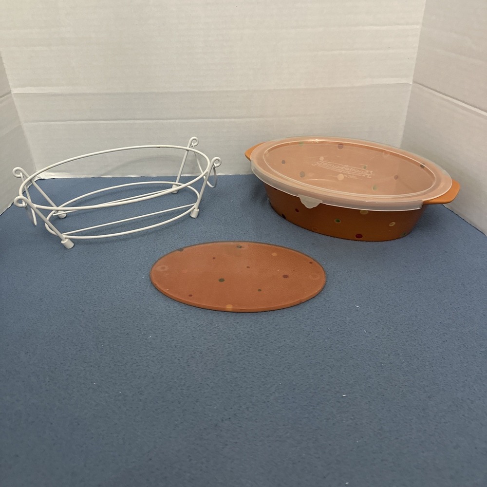 Temp-tations by Tara Polka Dot Spice 1.5 Qt Oval Casserole w/Lid, Stand & Trivet